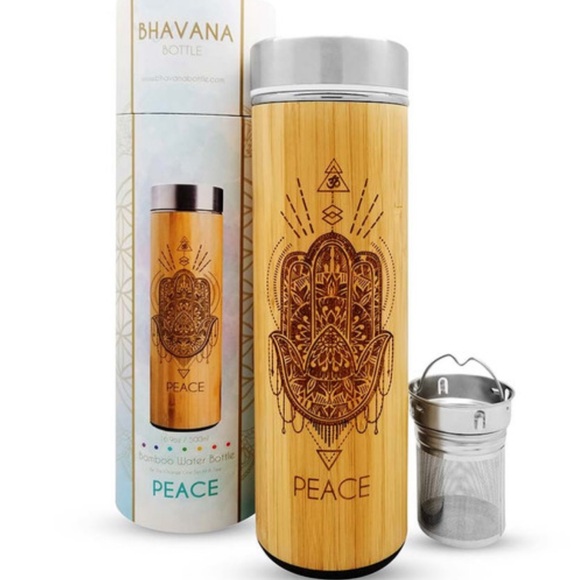 NWT Bamboo Insulated “Peace” Etched Engraved Water Bottle - Brown - Picture 1 of 8